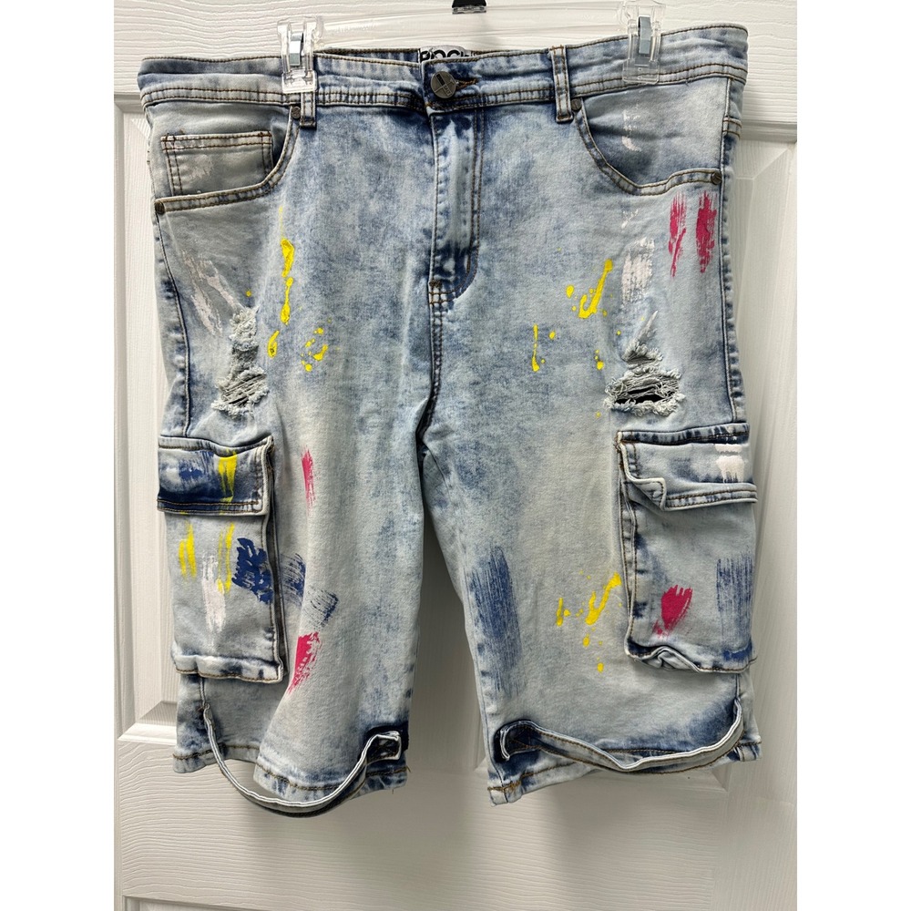 Rock Salt‎ Mens Distressed Paint Splatter Denim Cargo Shorts Light Wash Size 38